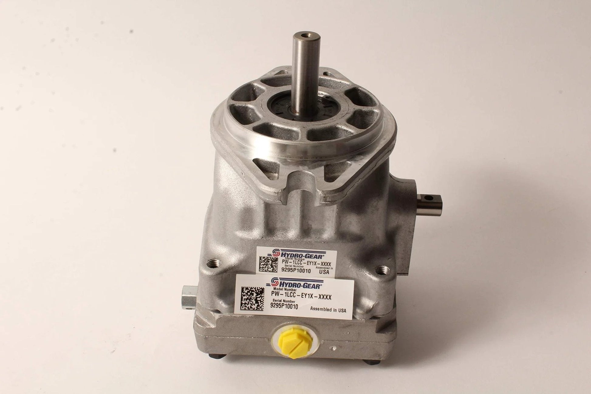 Hydro-Gear PW-1LCC-EY1X-XXXX Pump Genuine OEM Part, side view showing metal casing and shaft for PW Series equipment