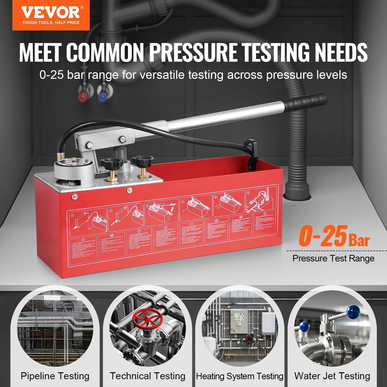 Image of a Hydrostatic Test Pump, Max 25 bar/362 PSI, Dual Valve Hydraulic Manual Water Pressure Tester Kit with red tank.