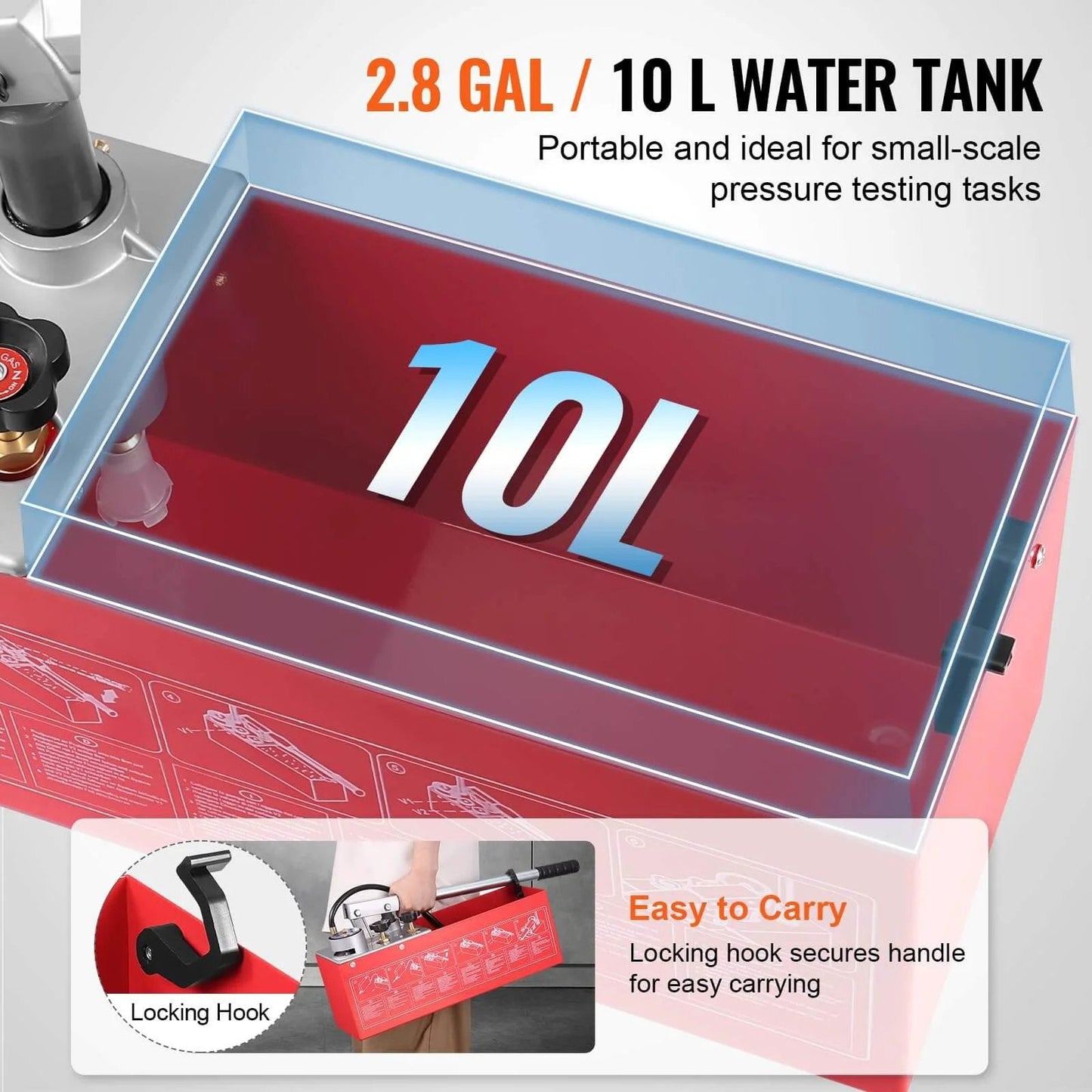 Hydrostatic Test Pump 2.8 gal tank, 10L capacity, labeled diagram with locking hook feature, red portable pressure tester kit.
