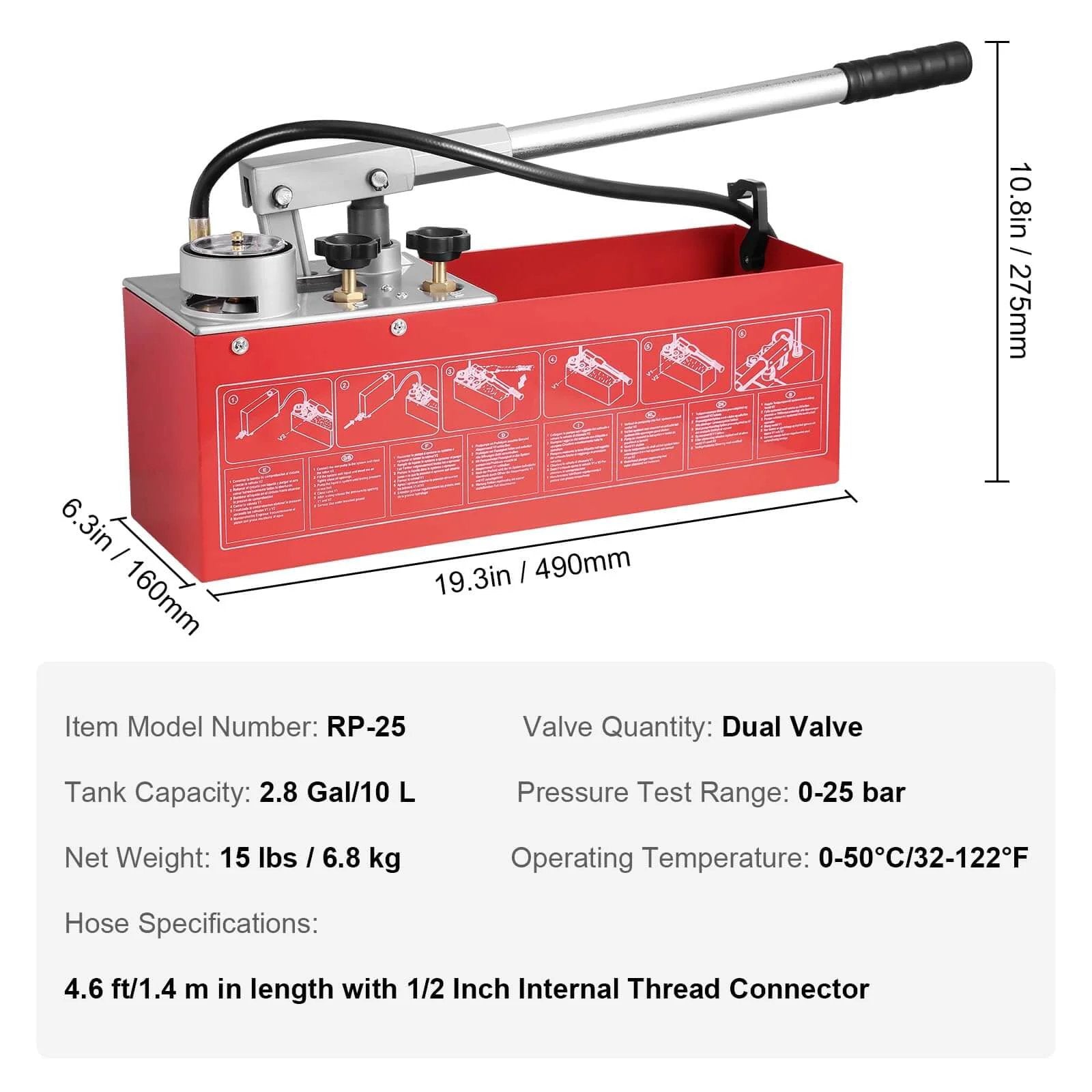 Hydrostatic Test Pump, Max 25 bar/362 PSI, Dual Valve Hydraulic Manual Water Pressure Tester Kit with 2.8 Gal Tank and Gauge