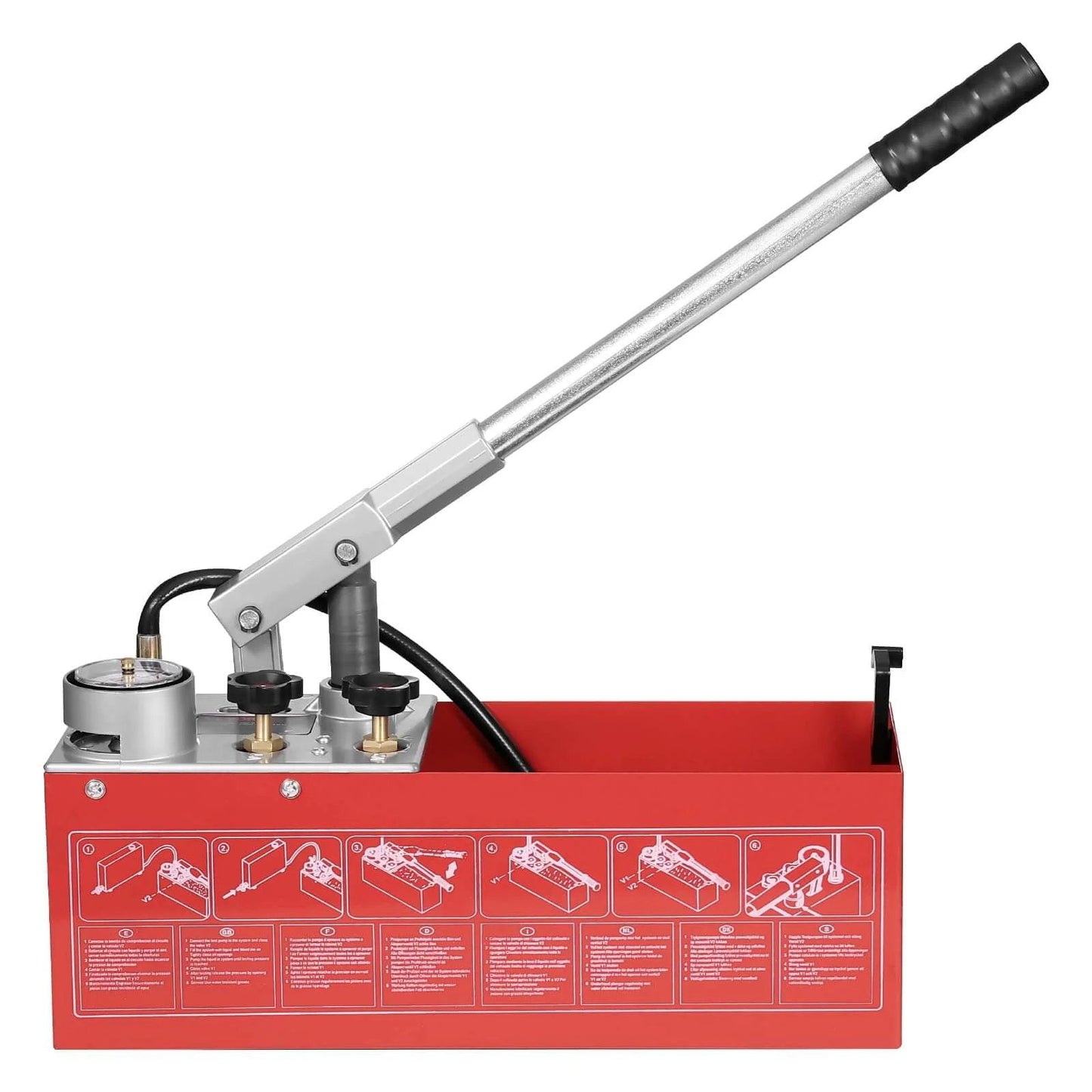 Hydrostatic Test Pump, Max 25 bar/362 PSI, Dual Valve Hydraulic Manual Water Pressure Tester, red 2.8 Gal Tank, handle and gauge visible