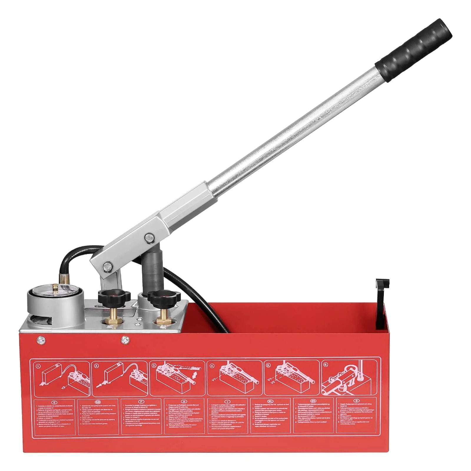 Hydrostatic Test Pump, Max 25 bar/362 PSI, Dual Valve Hydraulic Manual Water Pressure Tester, red 2.8 Gal Tank, handle and gauge visible