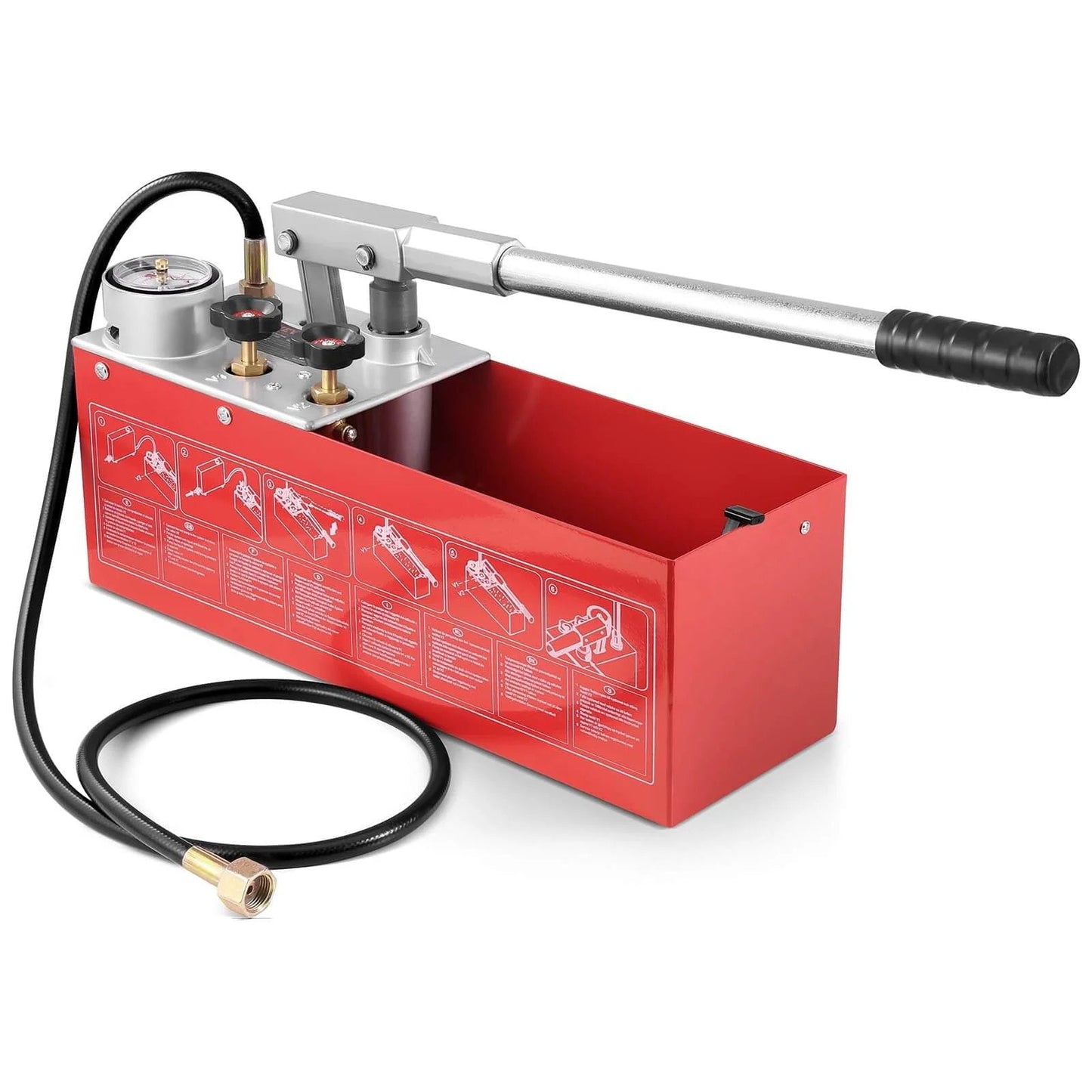 Hydrostatic Test Pump, Max 25 bar/362 PSI, Dual Valve Hydraulic Manual Water Pressure Tester Kit with Gauge, red 2.8 Gal Water Tank