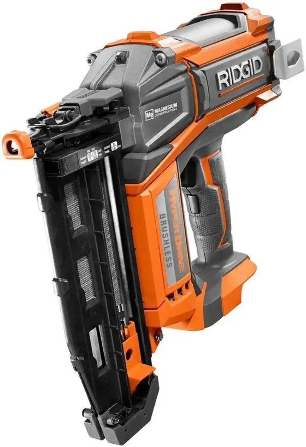 HyperDrive 18V Brushless 16 Gauge Straight Finish Nailer Cordless Nail Gun For Trim Cabinets Baseboards Crown Molding And More Two And A Half Inch Nails Refurbished Single Unit Delivers Power Mobility And Precision Fastening. Side view showing orange and black design.