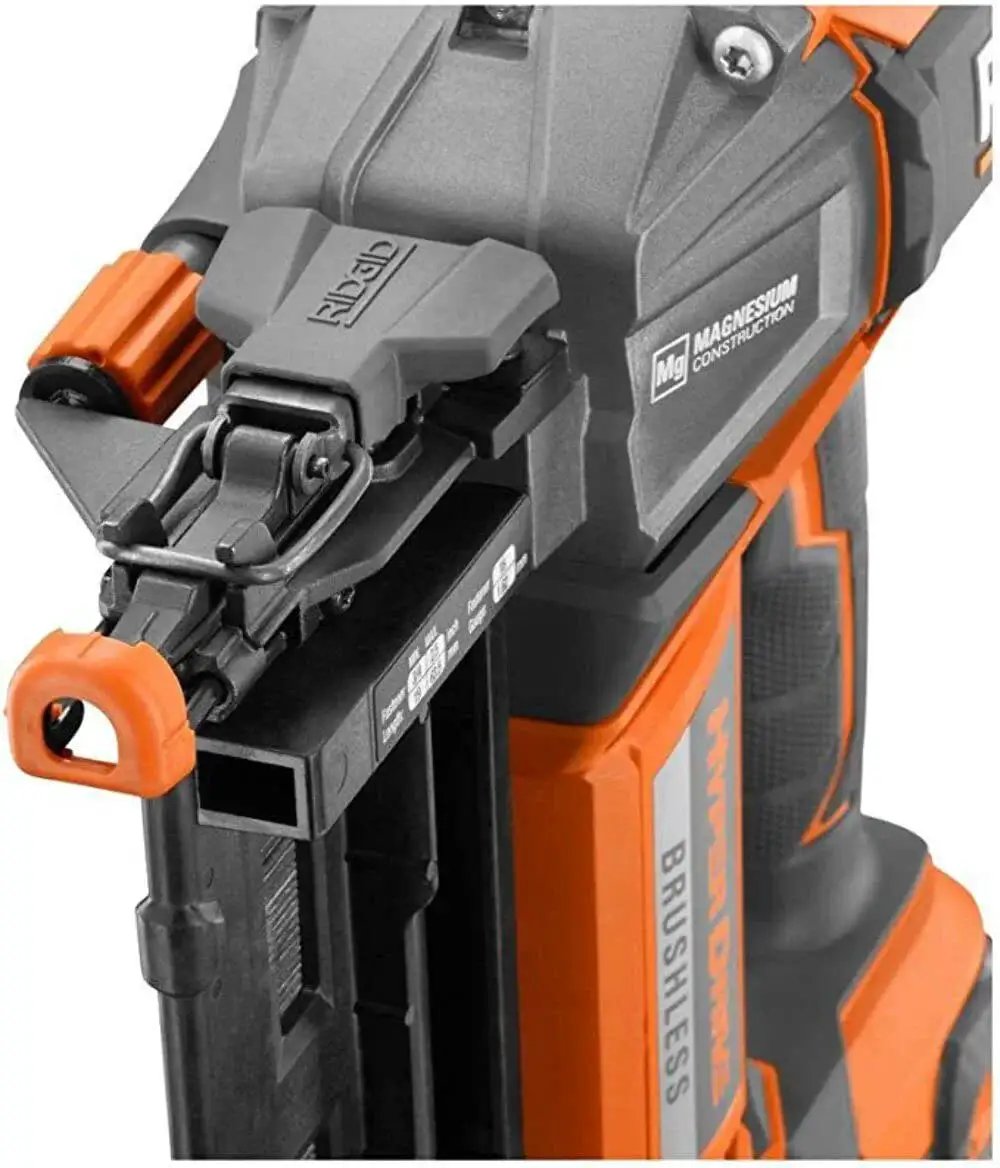 Close-up of HyperDrive 18V Brushless 16 Gauge Straight Finish Nailer Cordless Nail Gun for trim and cabinetry, refurbished