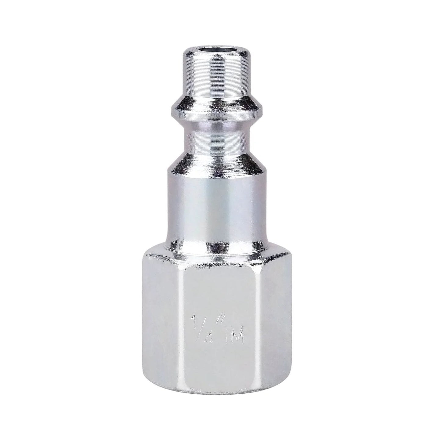 Close-up of an individual fitting from the IM Type Quick Connect Air Fittings Kit with 1/4 inch NPT threads in stainless steel.