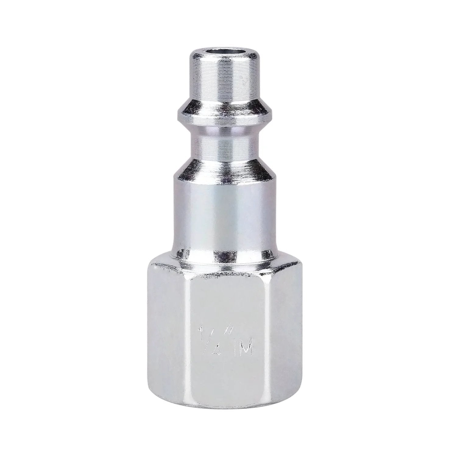 Close-up of an individual fitting from the IM Type Quick Connect Air Fittings Kit with 1/4 inch NPT threads in stainless steel.