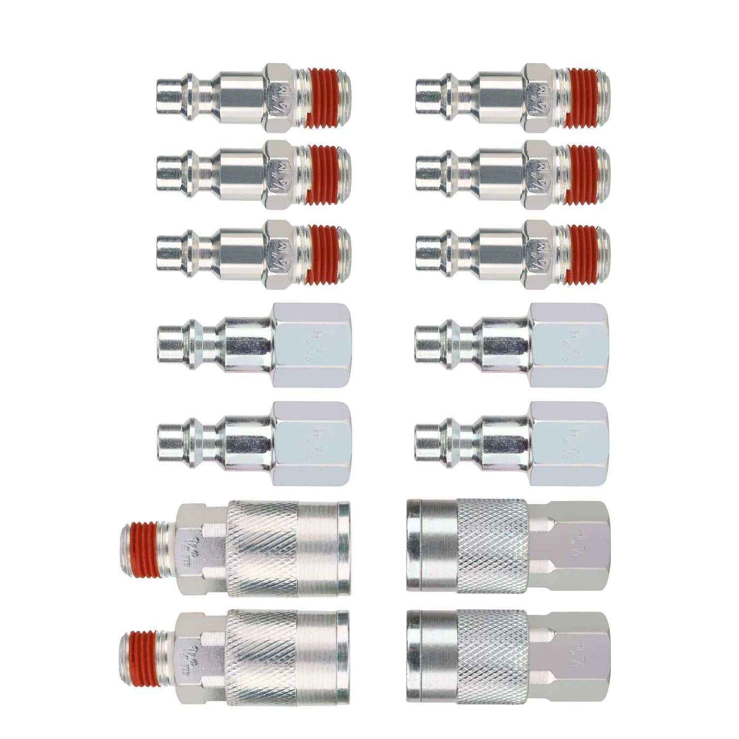 IM Type Quick Connect Air Fittings Kit With One Quarter Inch NPT Threads, Fourteen Piece Set In Stainless Steel displayed