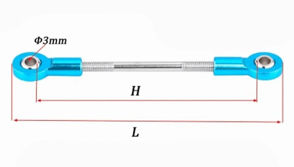 M3 64mm (2.519") Long Miniature Rod End Linkage in blue aluminum with dimensions labeled for installation.