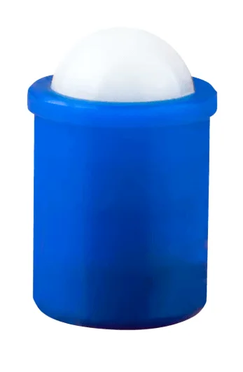 8mm x 4mm Press Fit Plastic Spring Ball Plunger - POM Ball in blue POM body with white plastic ball, showing front view.