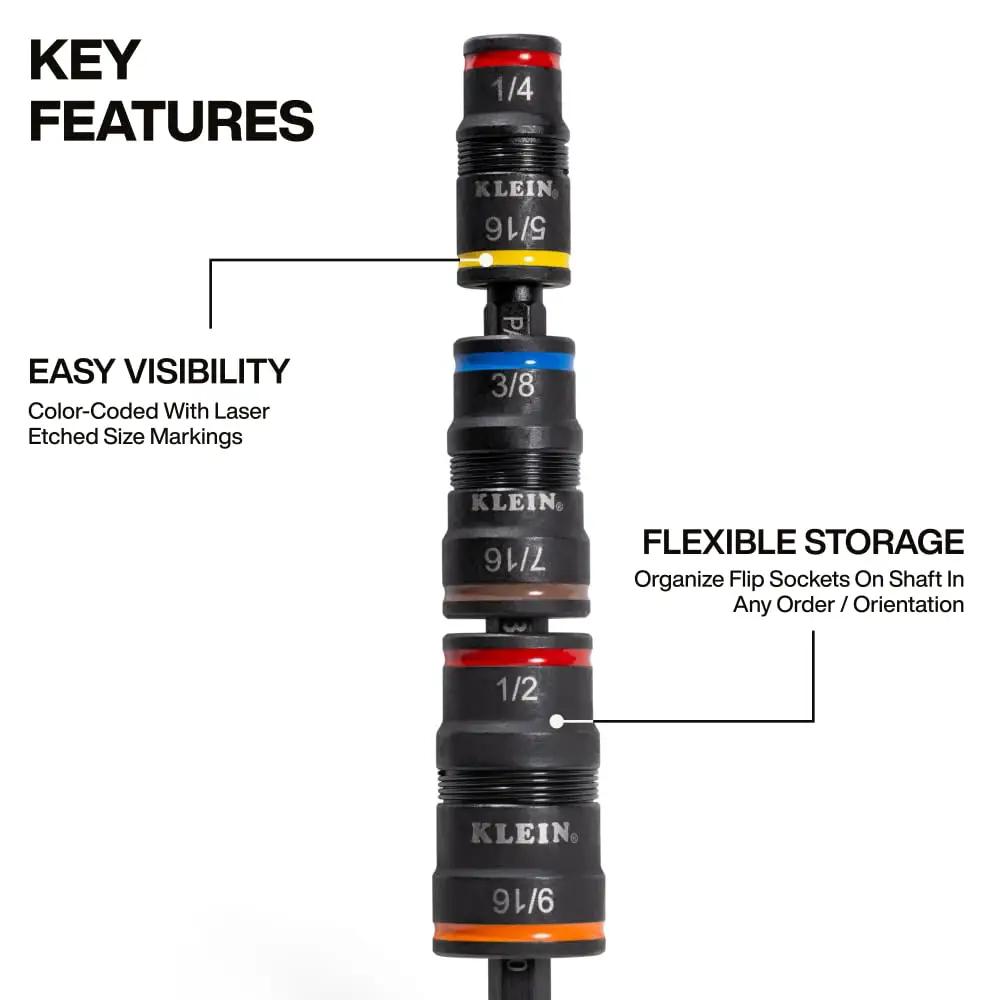 7 In 1 Impact Driver Socket Set With Flip Sockets And Bit Holder, Quick Connect Shaft, hex sizes marked, vertical view