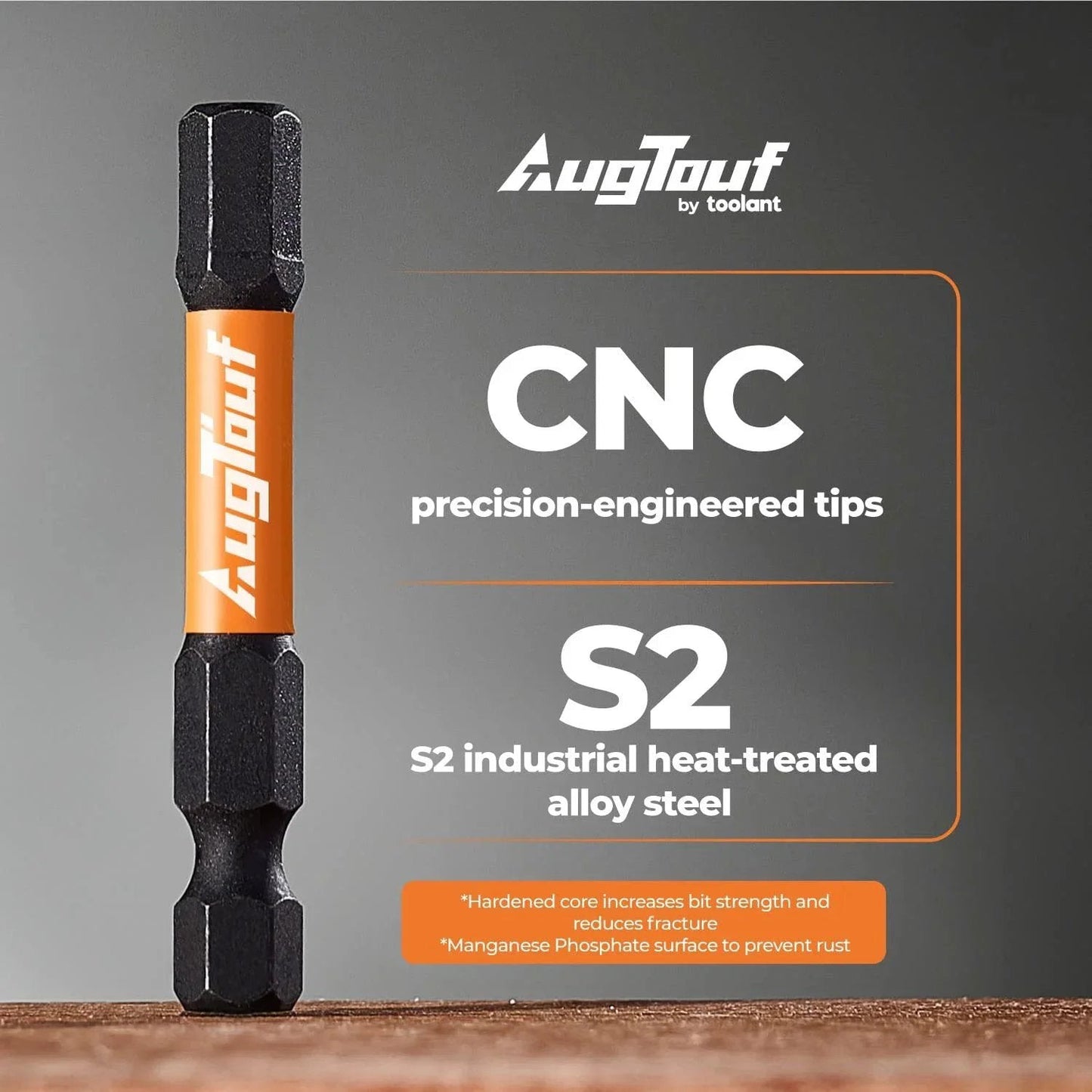 Close-up of an S2 steel CNC machined bit from the 20 Piece Impact Hex Bit Set With Magnetic Tips Quarter Inch Shank S2 Steel.