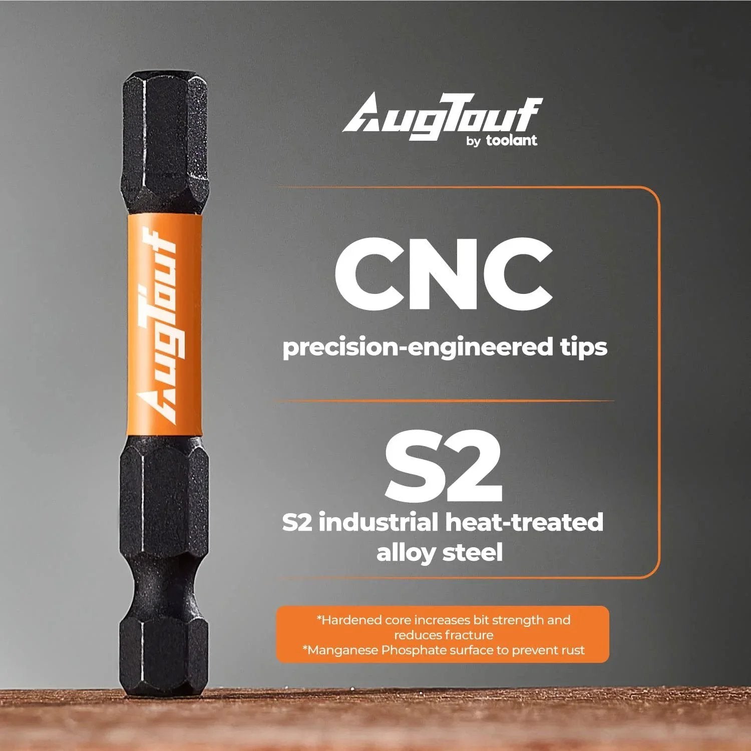 Close-up of an S2 steel CNC machined bit from the 20 Piece Impact Hex Bit Set With Magnetic Tips Quarter Inch Shank S2 Steel.