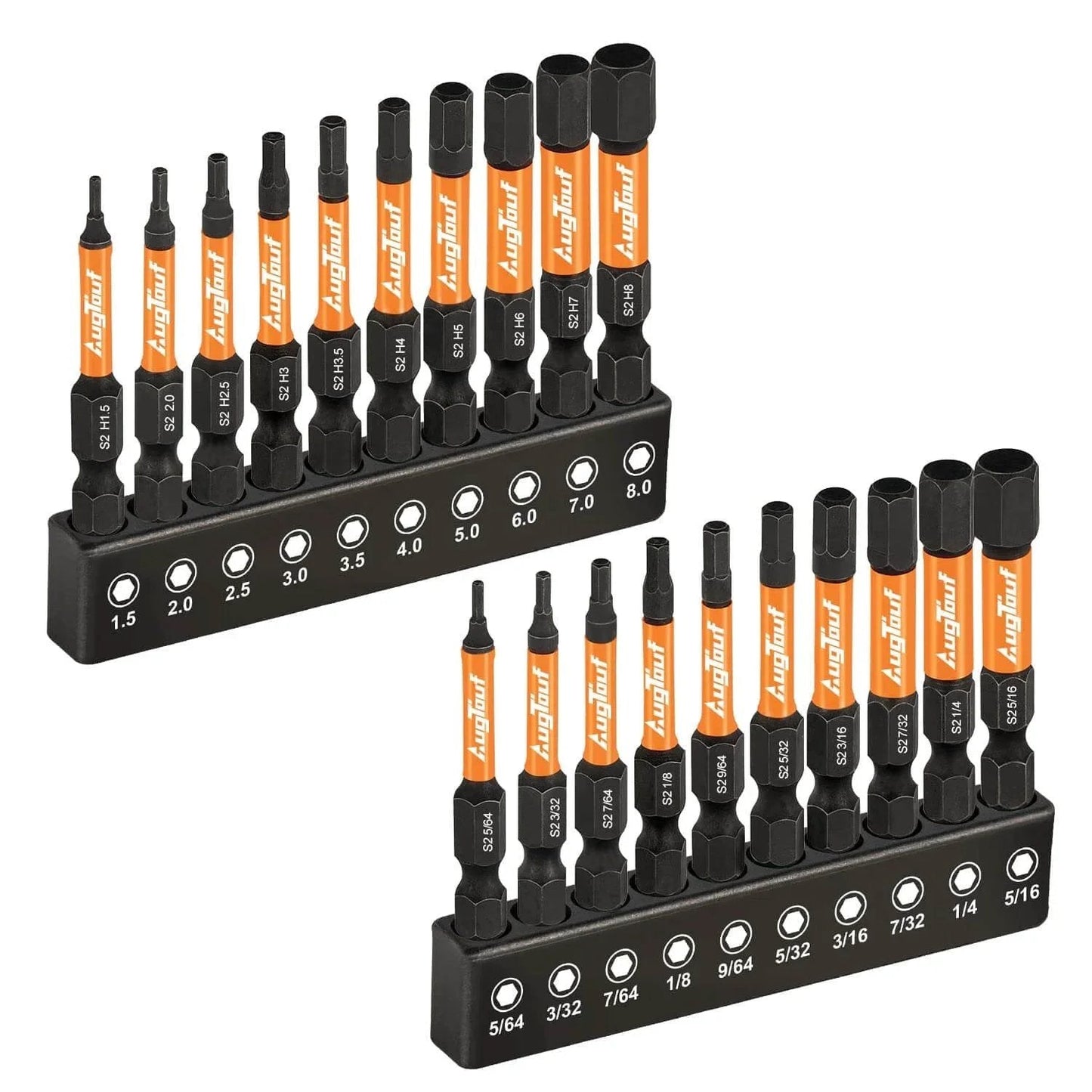 20 Piece Impact Hex Bit Set With Magnetic Tips Quarter Inch Shank S2 Steel CNC Machined Bits in storage box, front view
