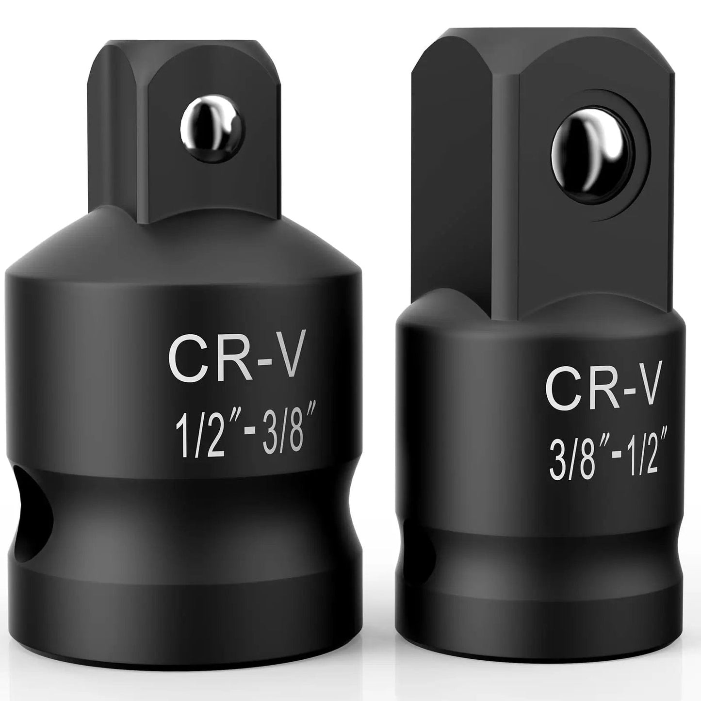 Two Piece Impact Socket Adapter And Reducer Set From One Half Inch To Three Eighths Inch And From Three Eighths Inch To One Half Inch For Breaker Bar Wrench Conversion And Everyday Mechanic Tools, showing chrome molybdenum steel adapters.