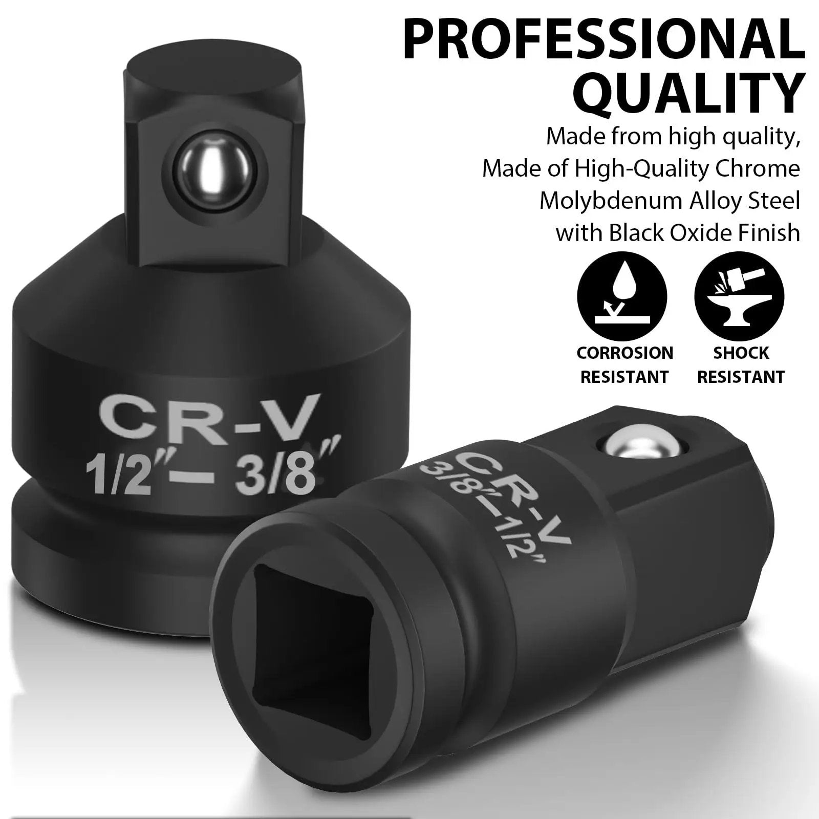 Two Piece Impact Socket Adapter And Reducer Set From One Half Inch To Three Eighths Inch And From Three Eighths Inch To One Half Inch For Breaker Bar Wrench Conversion And Everyday Mechanic Tools, chrome molybdenum alloy steel, close-up view.