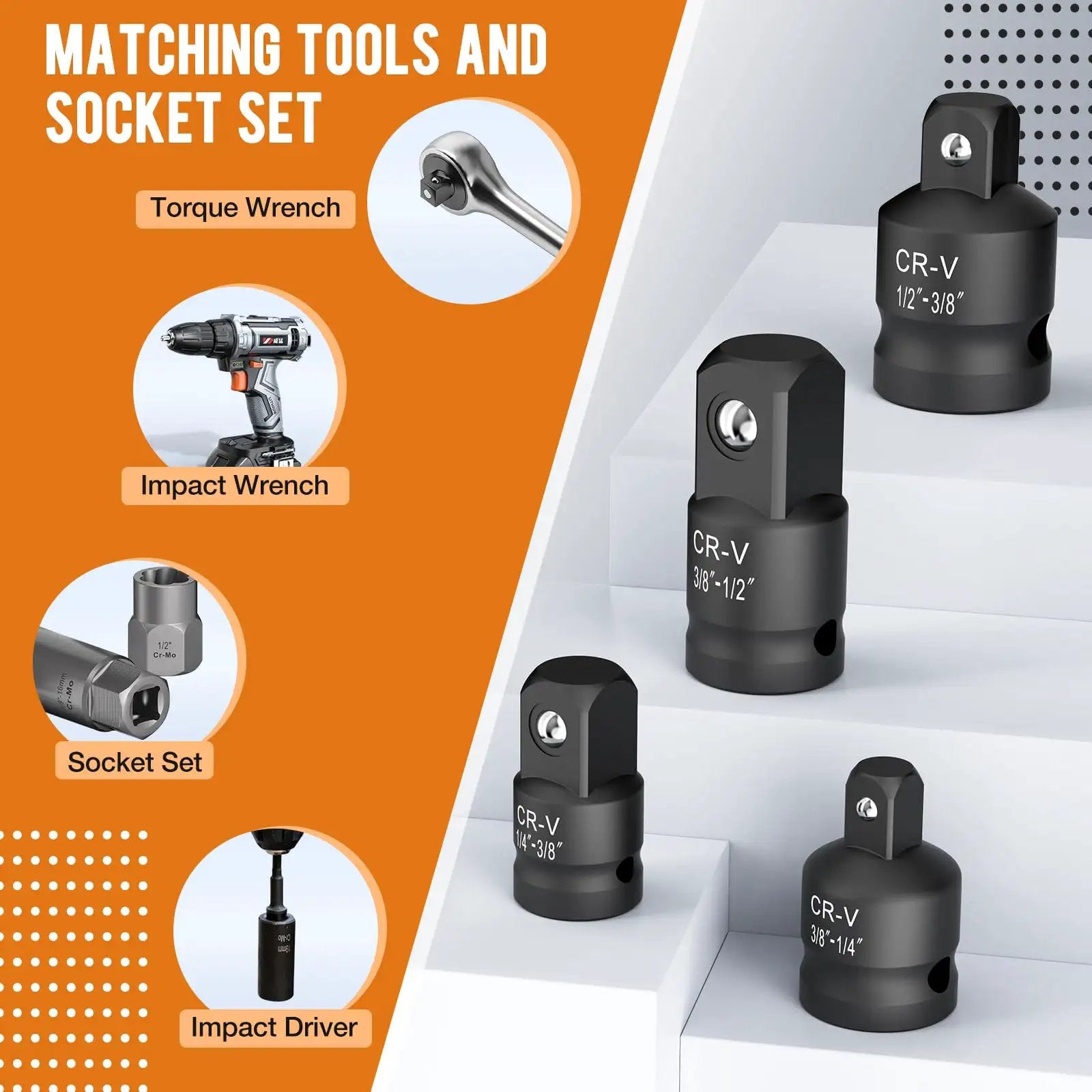 Two Piece Impact Socket Adapter And Reducer Set From One Half Inch To Three Eighths Inch And From Three Eighths Inch To One Half Inch For Breaker Bar Wrench Conversion And Everyday Mechanic Tools displayed with application examples including torque wrench and impact wrench.