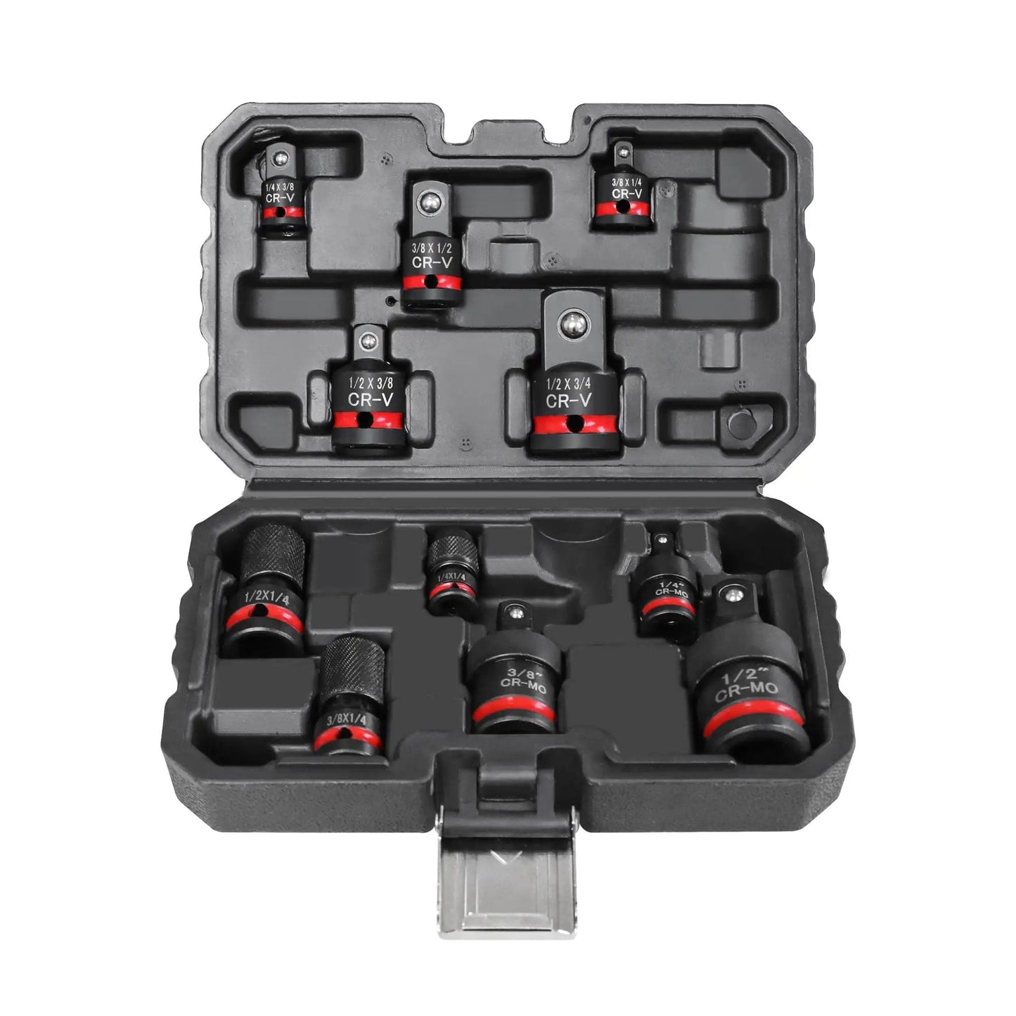 11 Piece Impact Socket Adapter Set With One Quarter Inch Drive, Three Eighth Inch Drive And One Half Inch Drive, in a black case