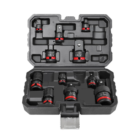 11 Piece Impact Socket Adapter Set With One Quarter Inch Drive, Three Eighth Inch Drive And One Half Inch Drive, in a black case
