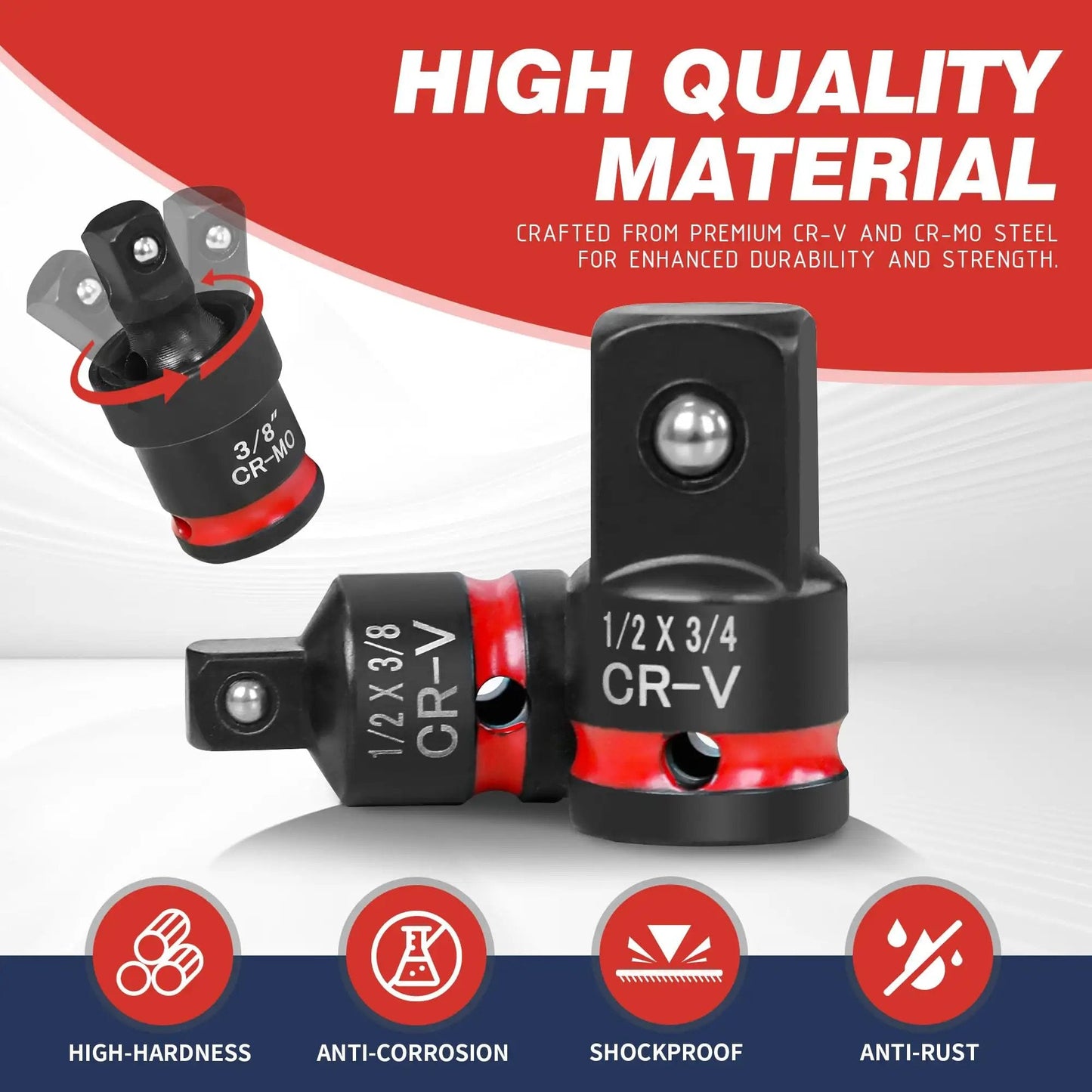 11 Piece Impact Socket Adapter Set with CR-V and CR-MO steel construction, showing 1/2x3/8 drive with impact rated ball detent.