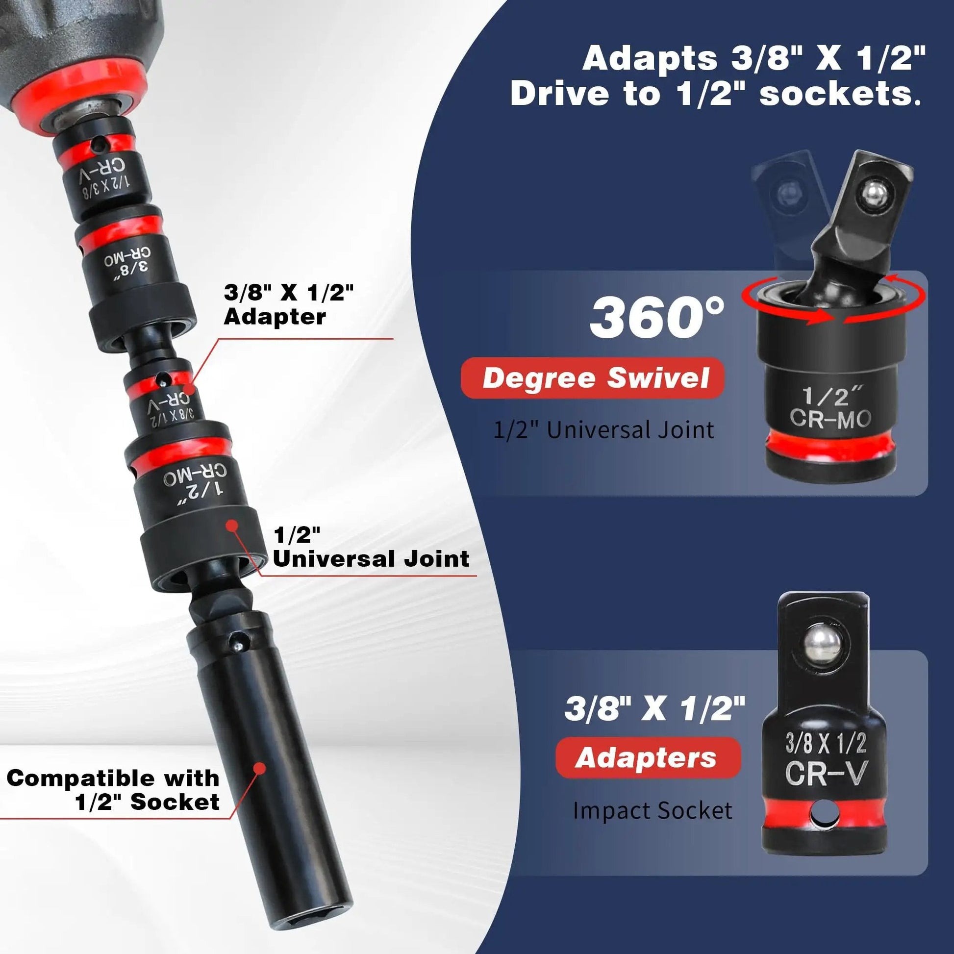 11 Piece Impact Socket Adapter Set With One Quarter Inch Drive, Three Eighth Inch Drive And One Half Inch Drive, Impact Rated Ball Detent