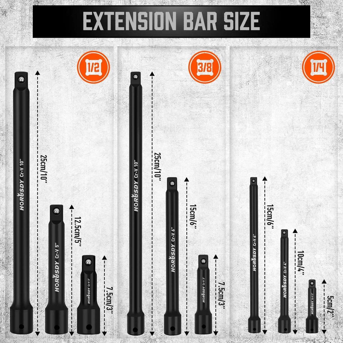 Heavy Duty 12-Piece Socket Extension Set For Impact Drive, Includes 1/4, 3/8 And 1/2 Inch Adapters And 9 Impact Extensions with sizes