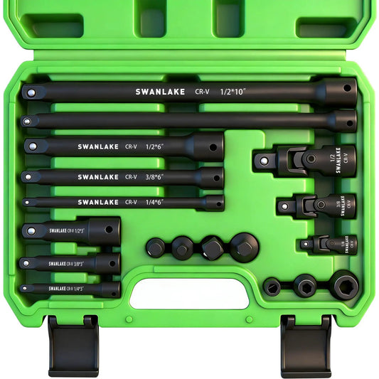 Rugged 18 Piece Impact Socket Extension Set With Swivel Universal Joint Deep Quarter Inch Drive Three Eighths Inch Drive And One Half Inch Drive Adapters Extension Bars And Three Ratchet Couplers CR-V Steel Alloy Corrosion Resistant Mechanic Tools in green case