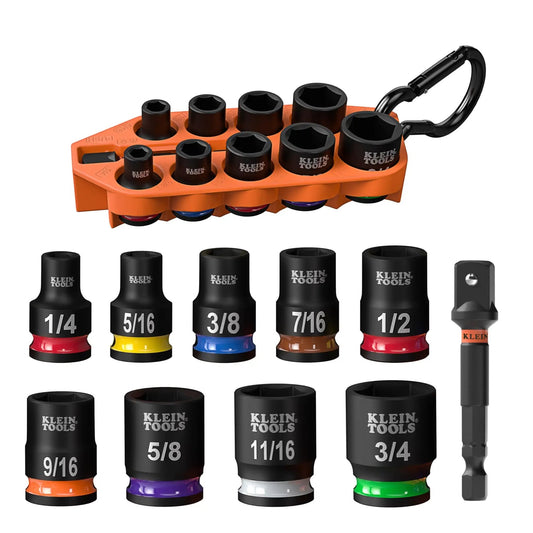 Grab And Go Impact Socket Set In SAE With Sleeve And Carabiner 10 Piece Drive Socket Kit Color Coded For Quick Access Includes Nine Common Sizes From One Quarter Inch To Three Quarters Inch displayed with color-coded sockets and adapter.