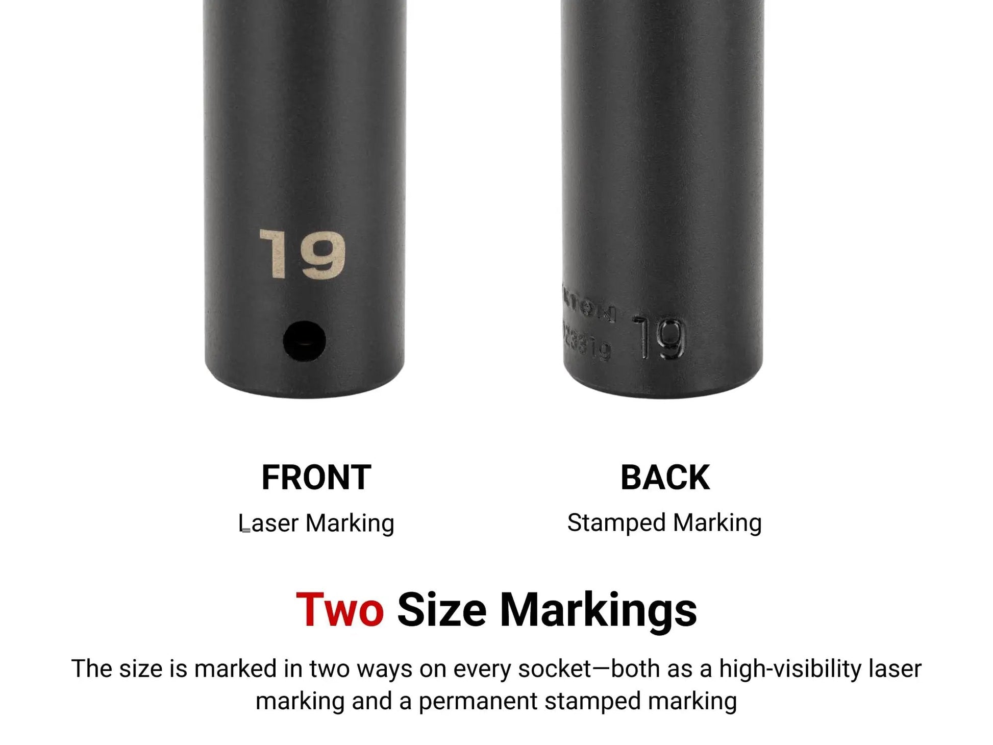 Front and back view of One Half Inch Drive Twenty One Millimeter Deep Six Point Impact Socket with laser and stamped markings