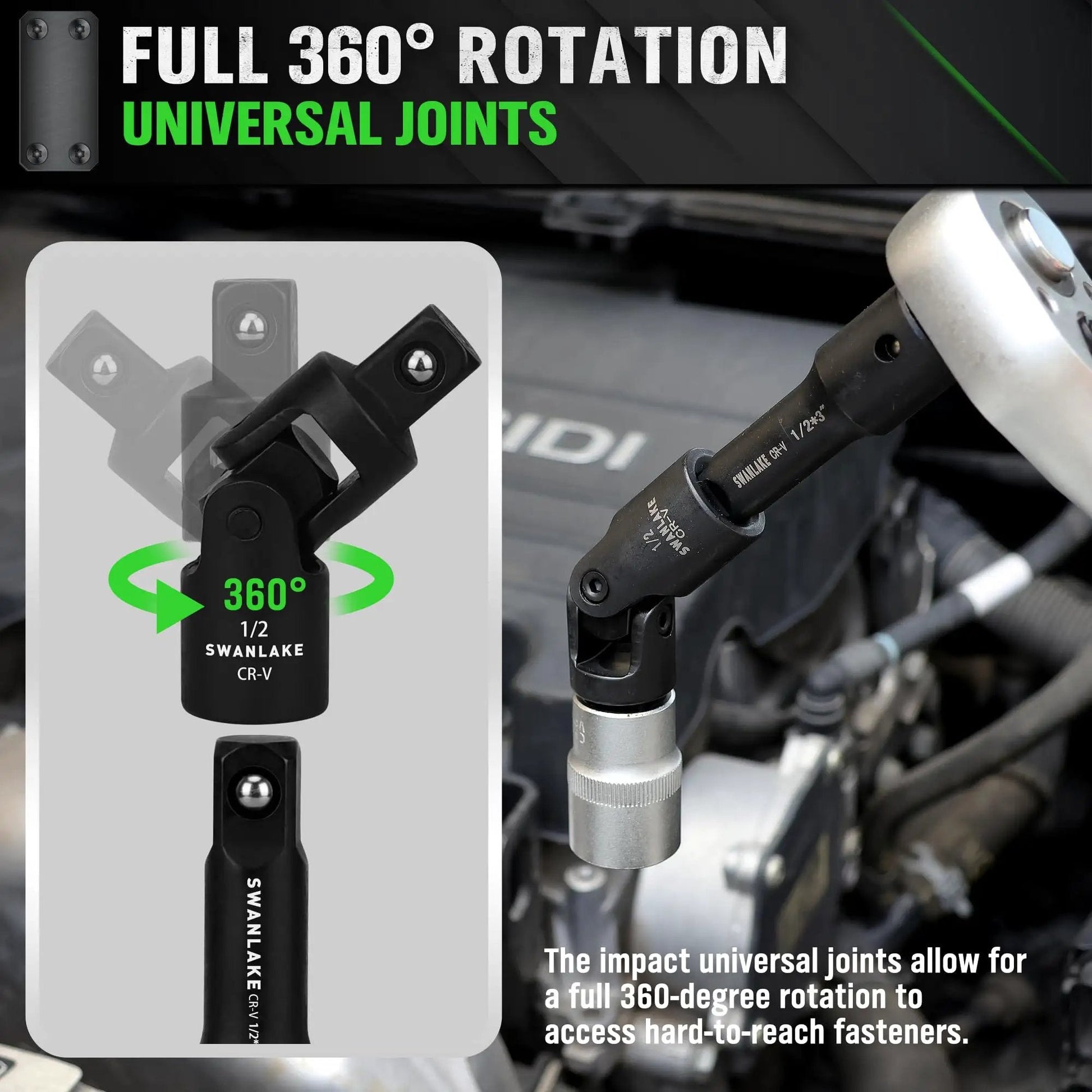 Rugged 18 Piece Impact Socket Extension Set With Swivel Universal Joint Deep Quarter Inch Drive in engine bay