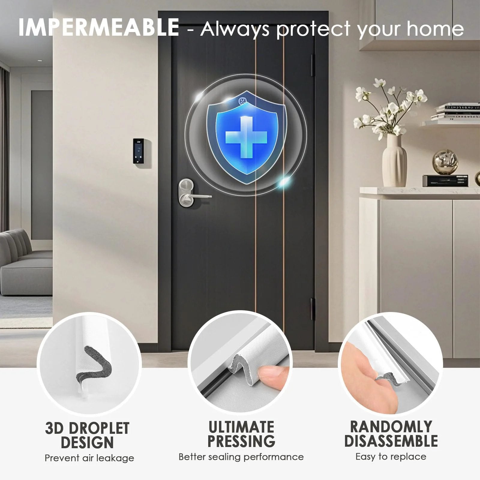 40Ft Kerf Door Weather Stripping Seal For Exterior Doors With 4 Corner Seals displayed next to an interior door, highlighting seal features.