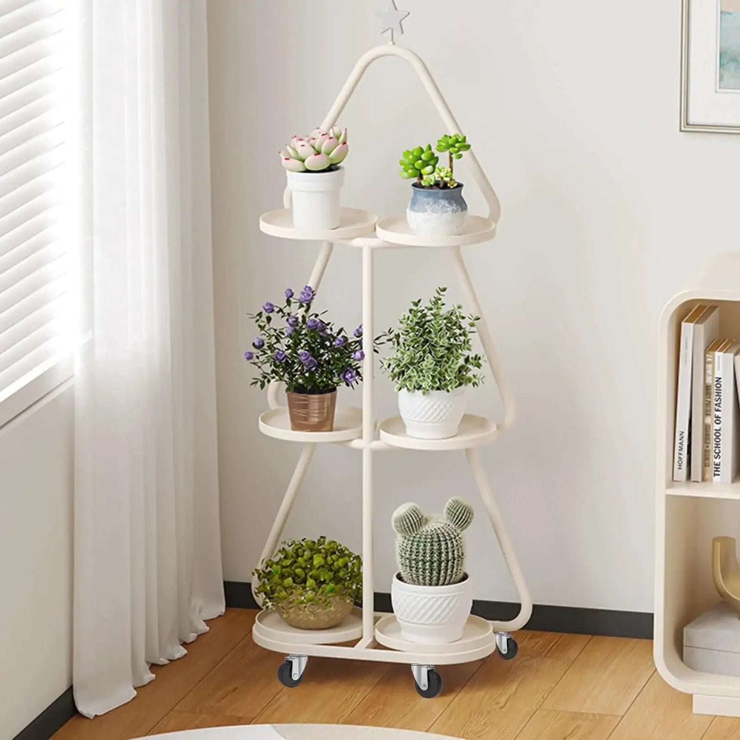 Indoor plant stand with multiple shelves on 2-inch swivel threaded casters for easy movement in a bright room.