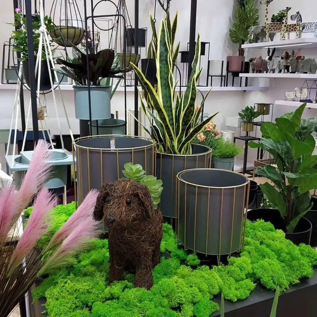 Indoor display of Rust Resistant Iron Plant Pot Stand Set for Indoor and Outdoor Use with decorative planters, plants, and ornament.