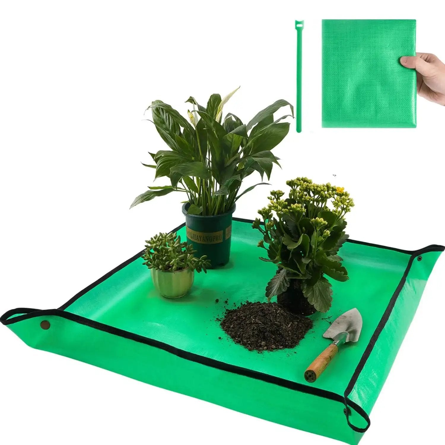 Indoor Plant Repotting Mat For Transplanting And Mess Control, Waterproof 26.8 inch square tray with potted plants and garden tools.