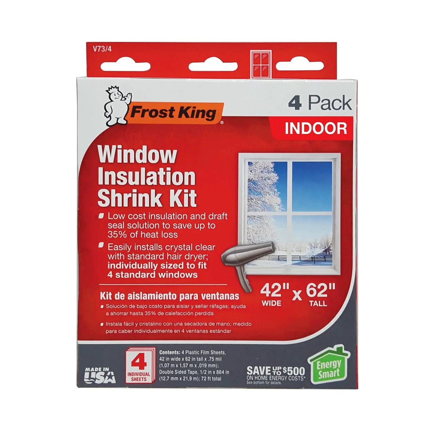 Indoor Window Insulation Kit 4 Pack Shrink Film For Windows With Included Double Sided Tape And Hair Dryer For Easy Installation box