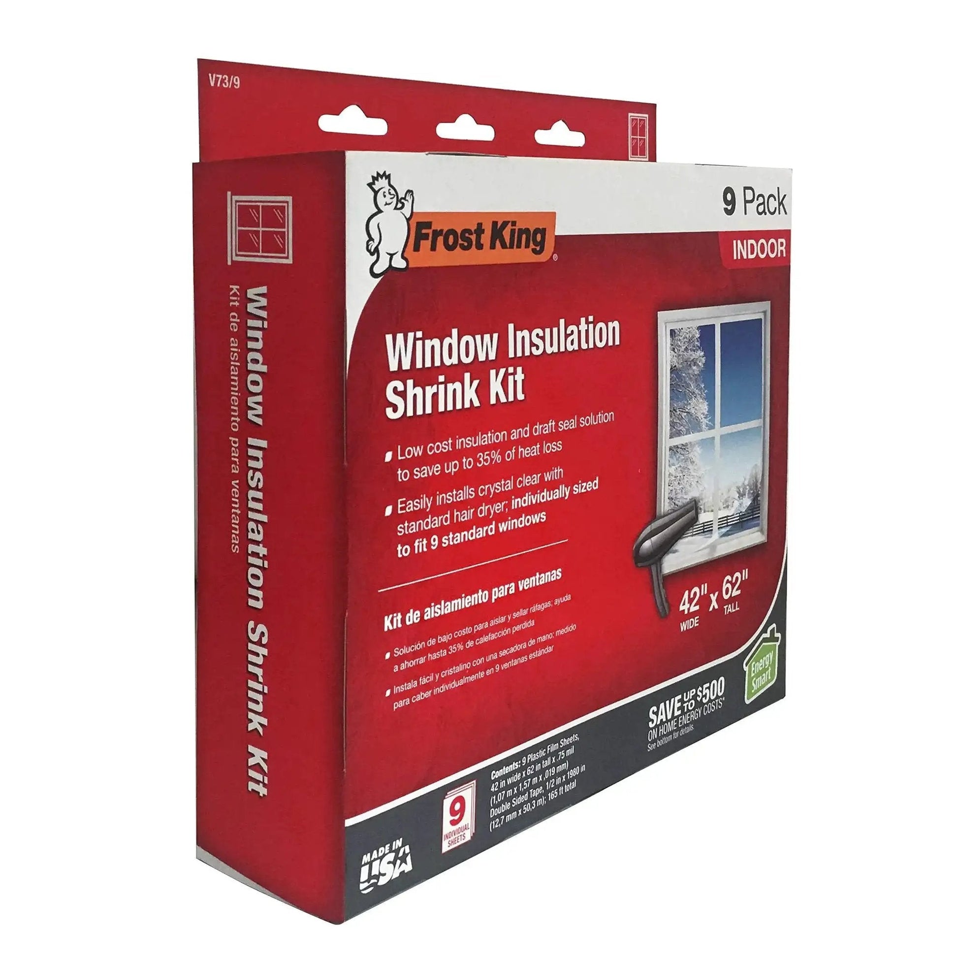 Packaging of Indoor Window Shrink Kit For 42 To 62 Inch Windows Clear 9 Pack, showing product details and window illustration