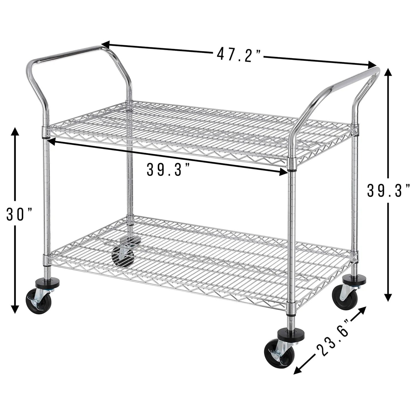 Heavy Duty 2 Tier Rolling Cart With Wheels And Handles For Commercial Use 600 Lb Capacity Built To Last Industrial Steel Utility Cart Kitchen Carts On Wheels NSF Certified 23.6 In D X 47.2 In W X 39.4 In H with dimensions