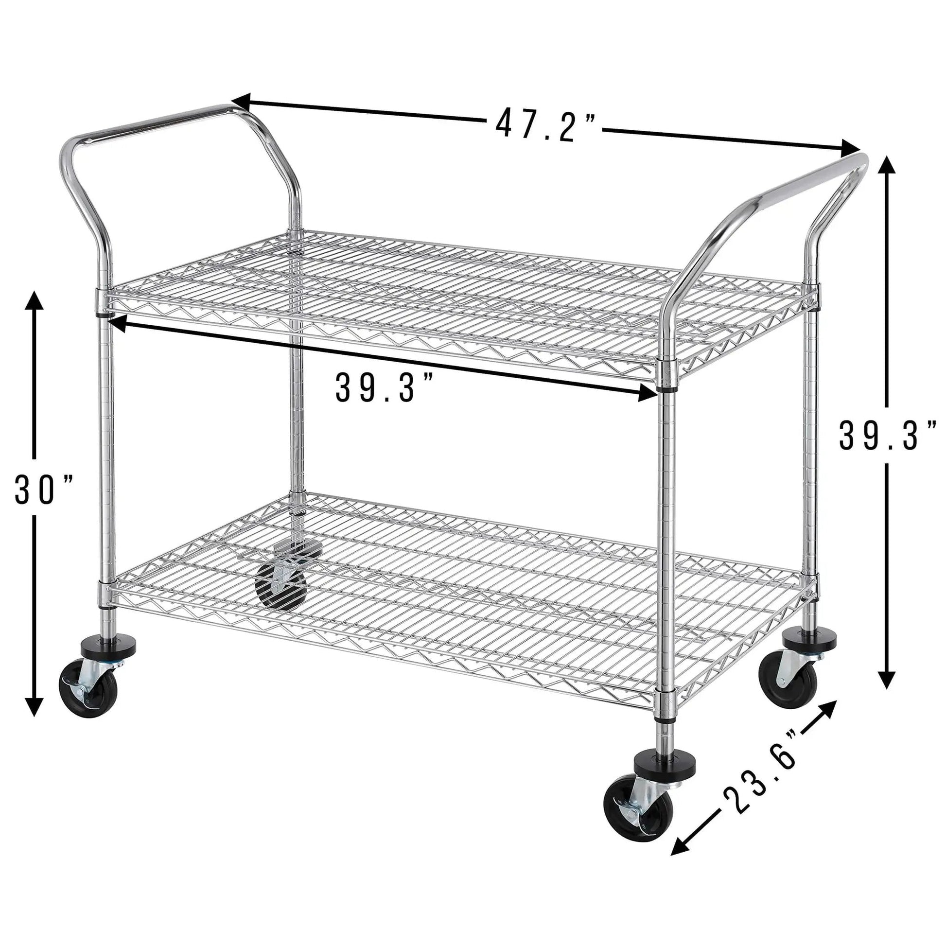 Heavy Duty 2 Tier Rolling Cart With Wheels And Handles For Commercial Use 600 Lb Capacity Built To Last Industrial Steel Utility Cart Kitchen Carts On Wheels NSF Certified 23.6 In D X 47.2 In W X 39.4 In H with dimensions