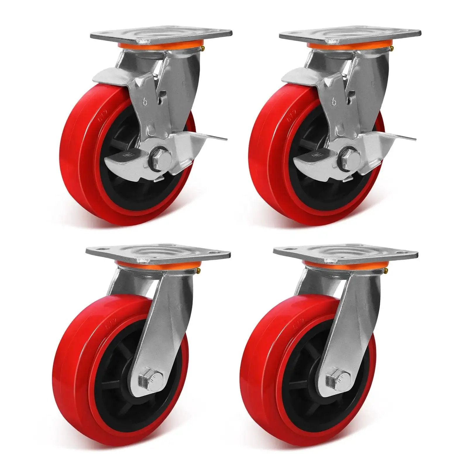 Industrial Grade 6x2 Polyurethane Casters, Set Of 4, 5000 Lb Capacity, Polypropylene Wheel, Heavy Duty Casters For Industrial Equipment, Logistics And Aviation Applications, 2 Brakes And 2 Swivel