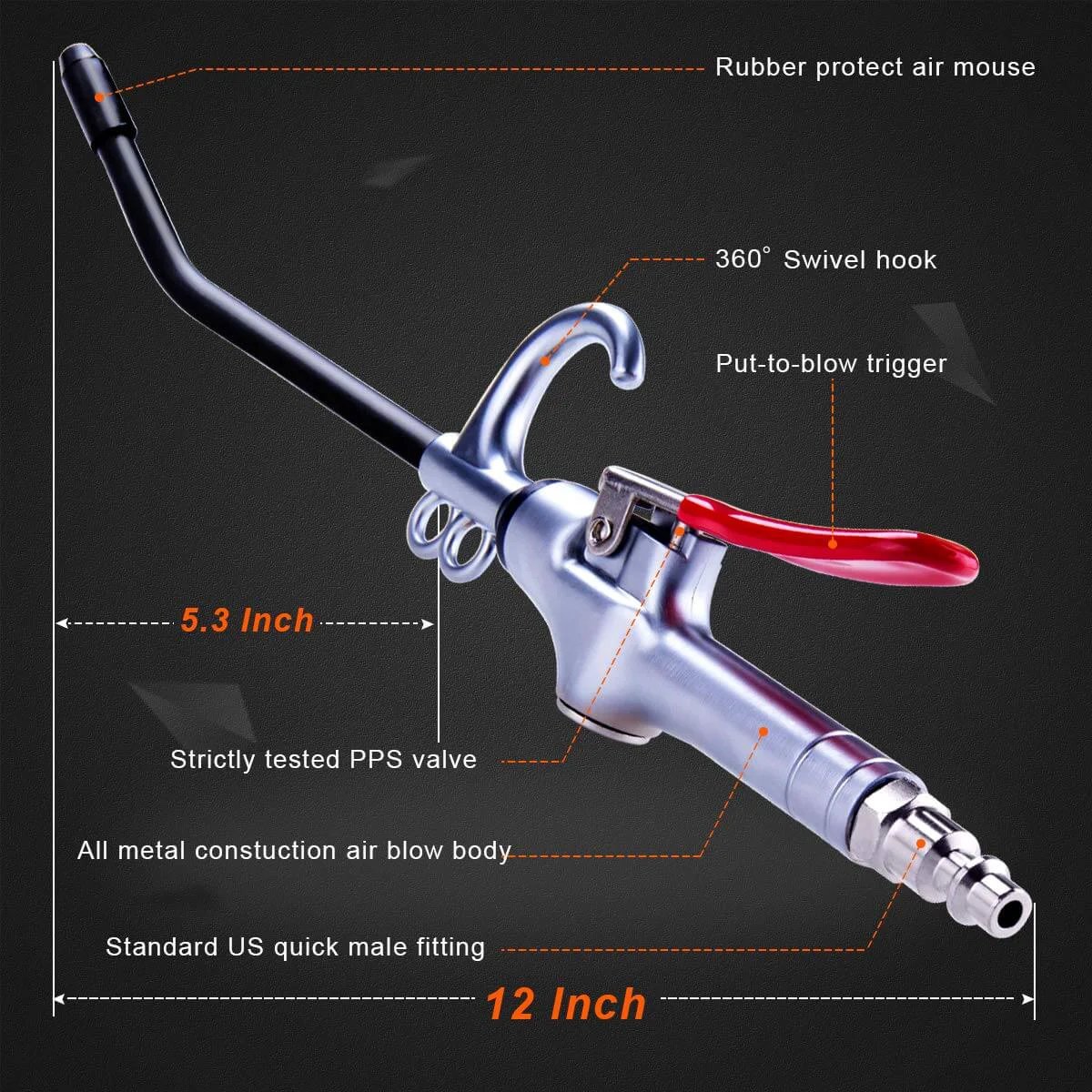 High Volume Air Blow Gun Aluminum Rubber Guard Air Flow Nozzle, Industrial Household Air Blower Gun, Pneumatic Air Compressor Accessories Dust Cleaning Tool with extended black nozzle and red trigger, labeled features, side view.