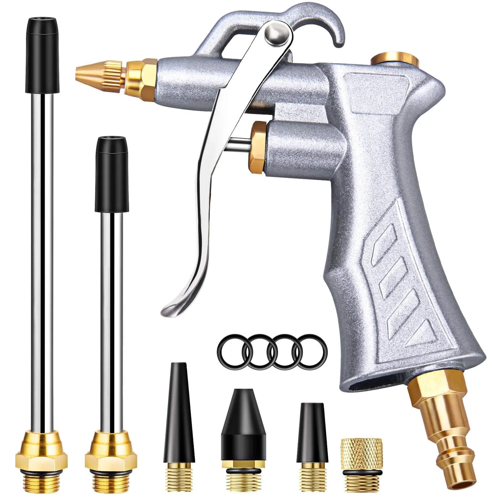 Industrial Air Blow Gun with Brass Adjustable Air Flow Nozzle and 2 Steel Extension, Pneumatic Air Compressor Accessory Tool Dust Cleaning