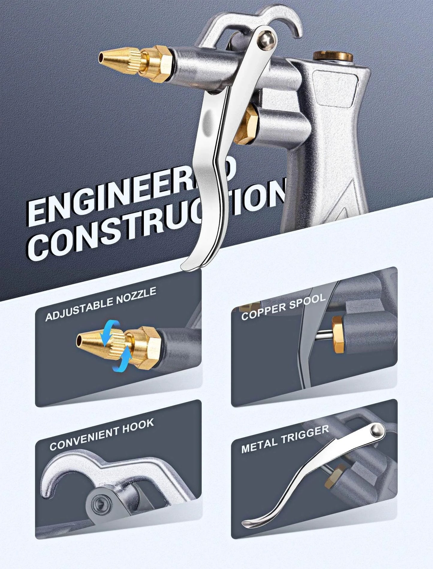 Industrial Air Blow Gun with Brass Adjustable Air Flow Nozzle and 2 Steel Extension features and components.