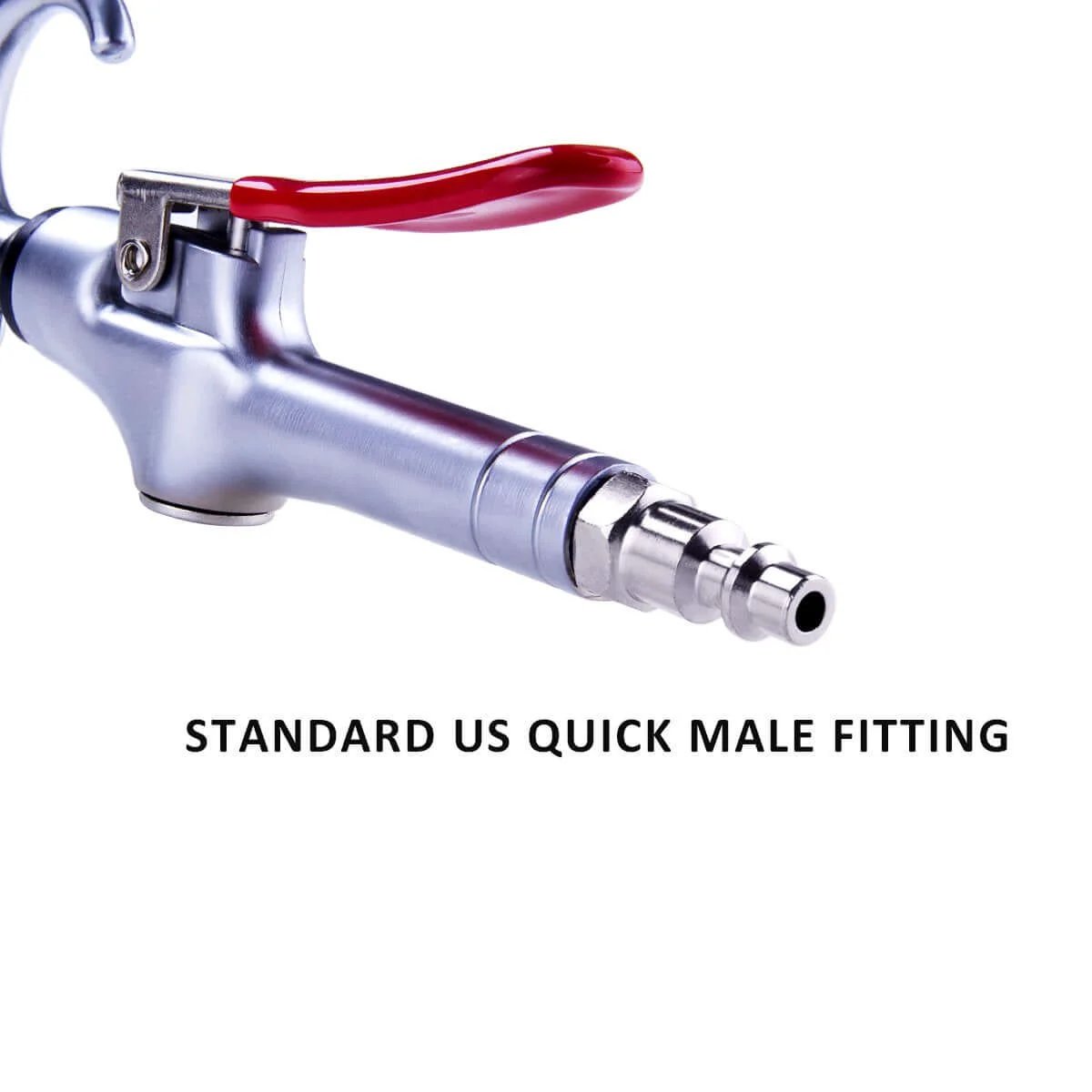 High Volume Powerful Industrial Air Blow Gun, 17-26 Inch Extensible Stainless Steel Air Flow Nozzle close-up with red lever and fitting