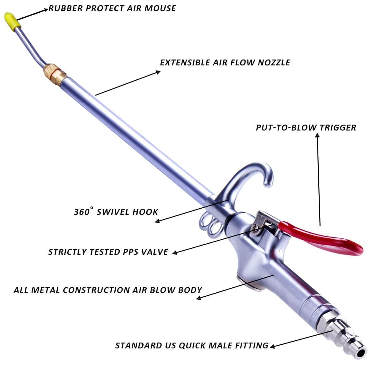 High Volume Powerful Industrial Air Blow Gun with 17-26 Inch Extensible Stainless Steel Air Flow Nozzle and 360 Degree Swivel Hook
