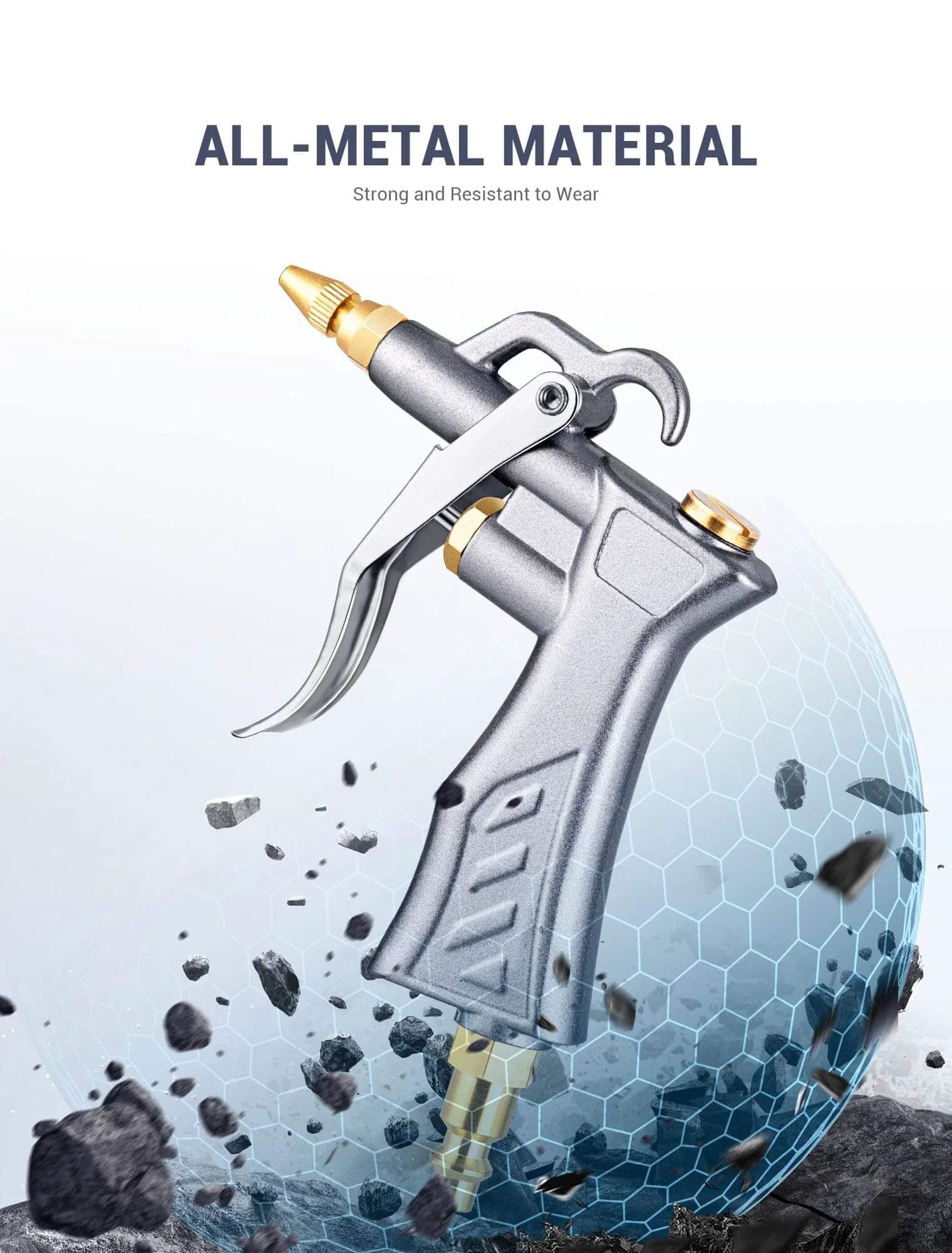 Industrial Air Blow Gun with Brass Adjustable Air Flow Nozzle and 2 Steel Extension, metal body, side view