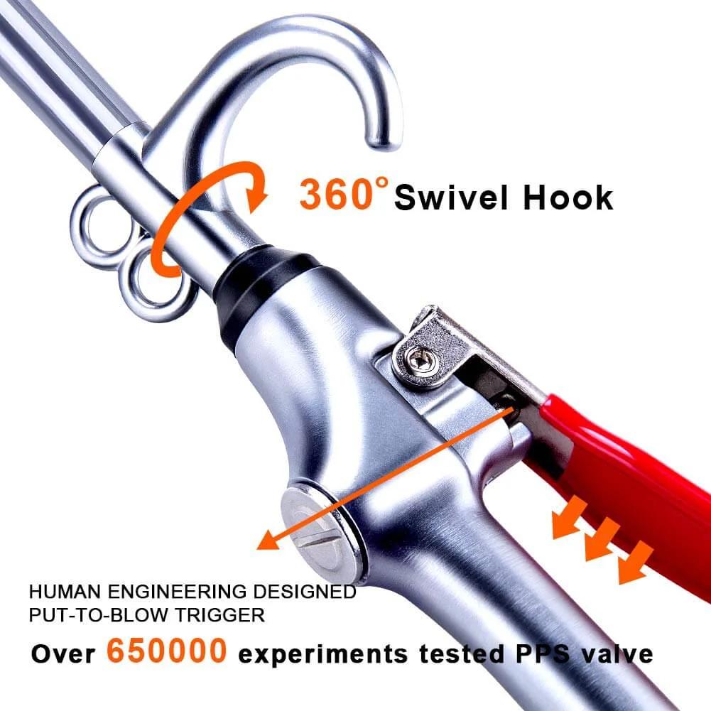 Close-up of High Volume Powerful Industrial Air Blow Gun with 360 Degree Swivel Hook and Stainless Steel Air Flow Nozzle