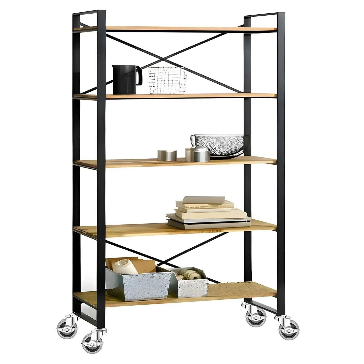 Metal and wood shelving unit on caster wheels, featuring Heavy Duty 4 Inch Threaded Stem Swivel Caster Wheels With 1/2-13 UNC Threads