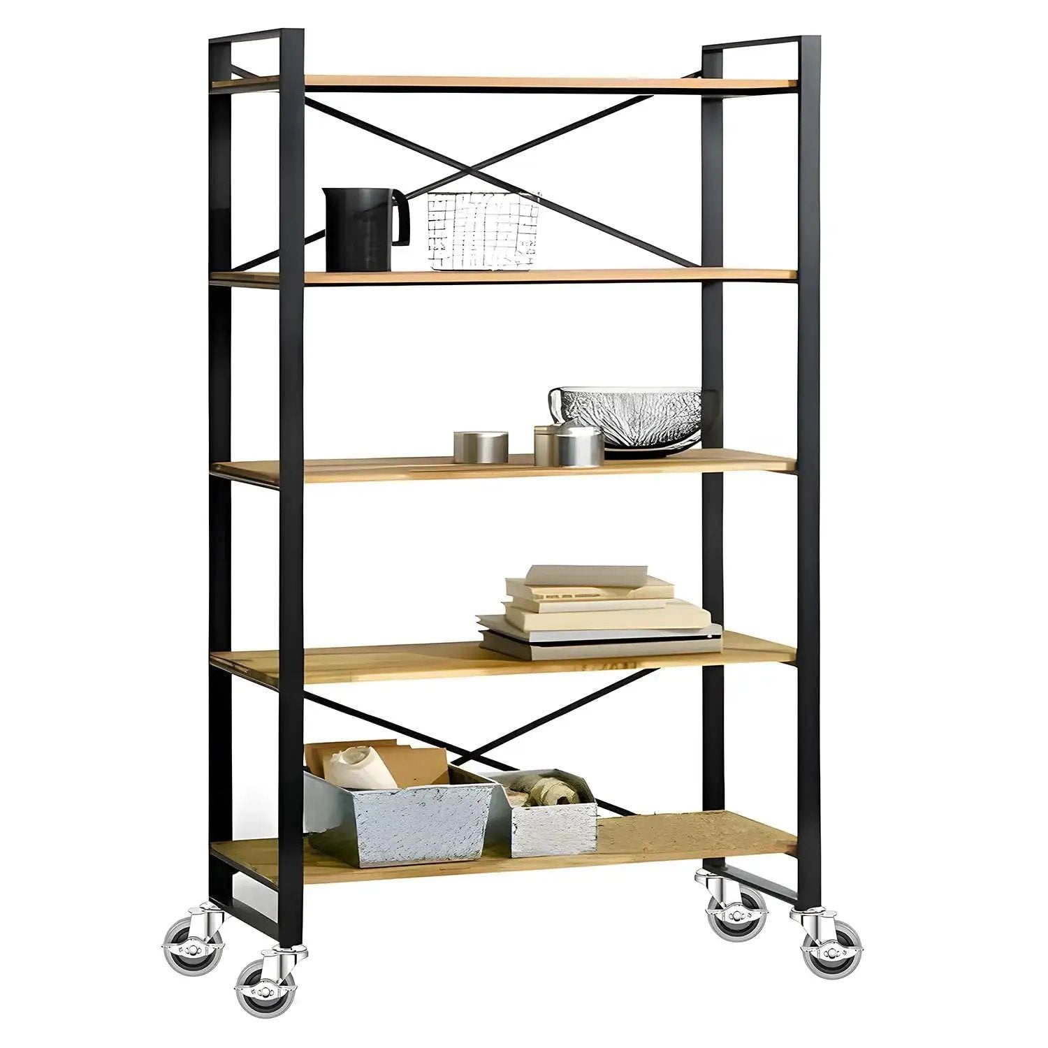 Metal and wood shelving unit on caster wheels, featuring Heavy Duty 4 Inch Threaded Stem Swivel Caster Wheels With 1/2-13 UNC Threads