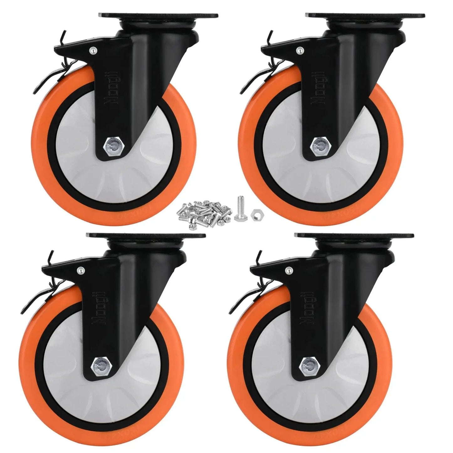 4-pack of 6 inch industrial brake casters, heavy-duty wheels with 4000 lb load capacity, no noise polyurethane on steel hub, solid steel housing