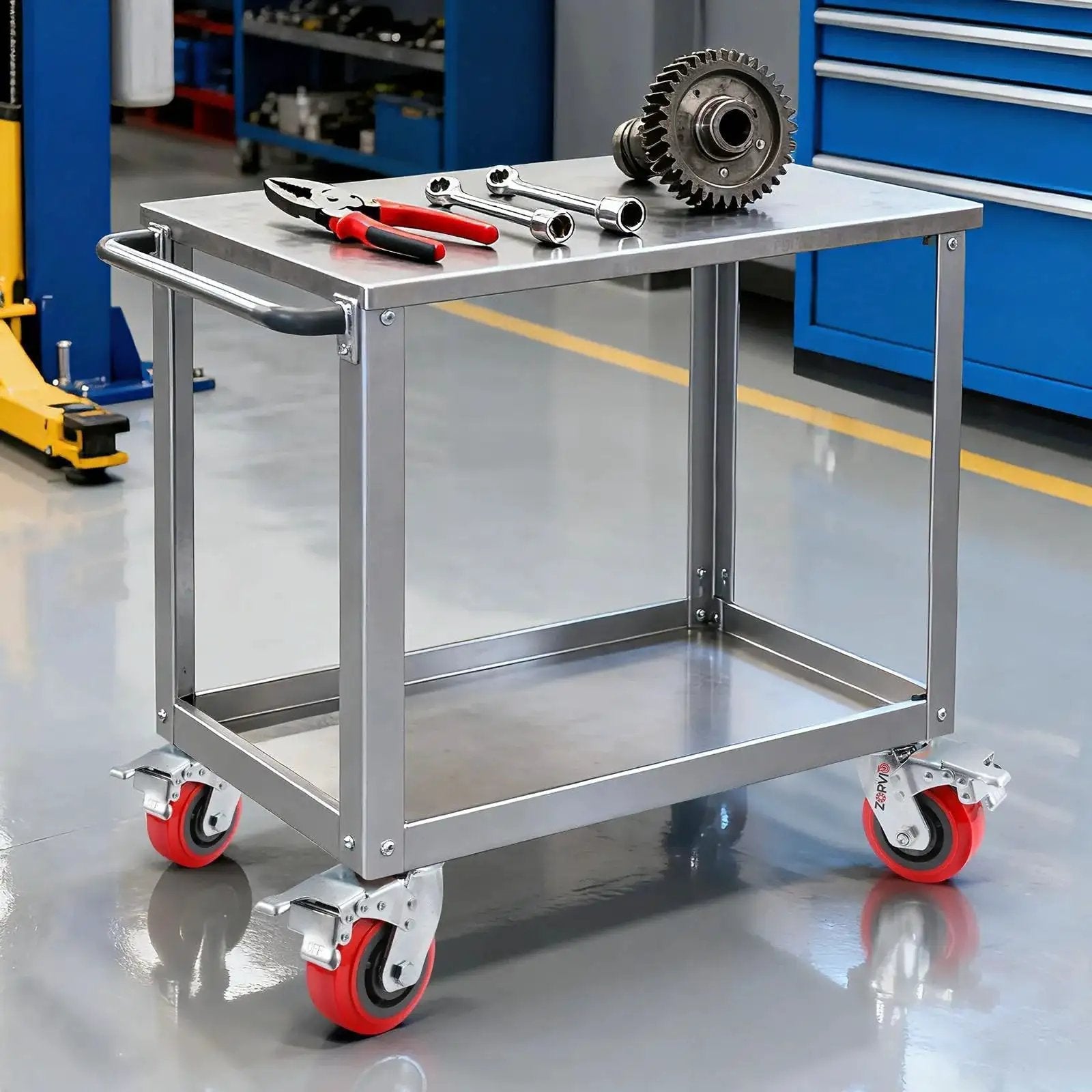 Metal cart with Heavy Duty 5 Inch Caster Wheels Set Of 4 with Polyurethane Surface TPE Casters and Swivel Brake Plate, tools on top.